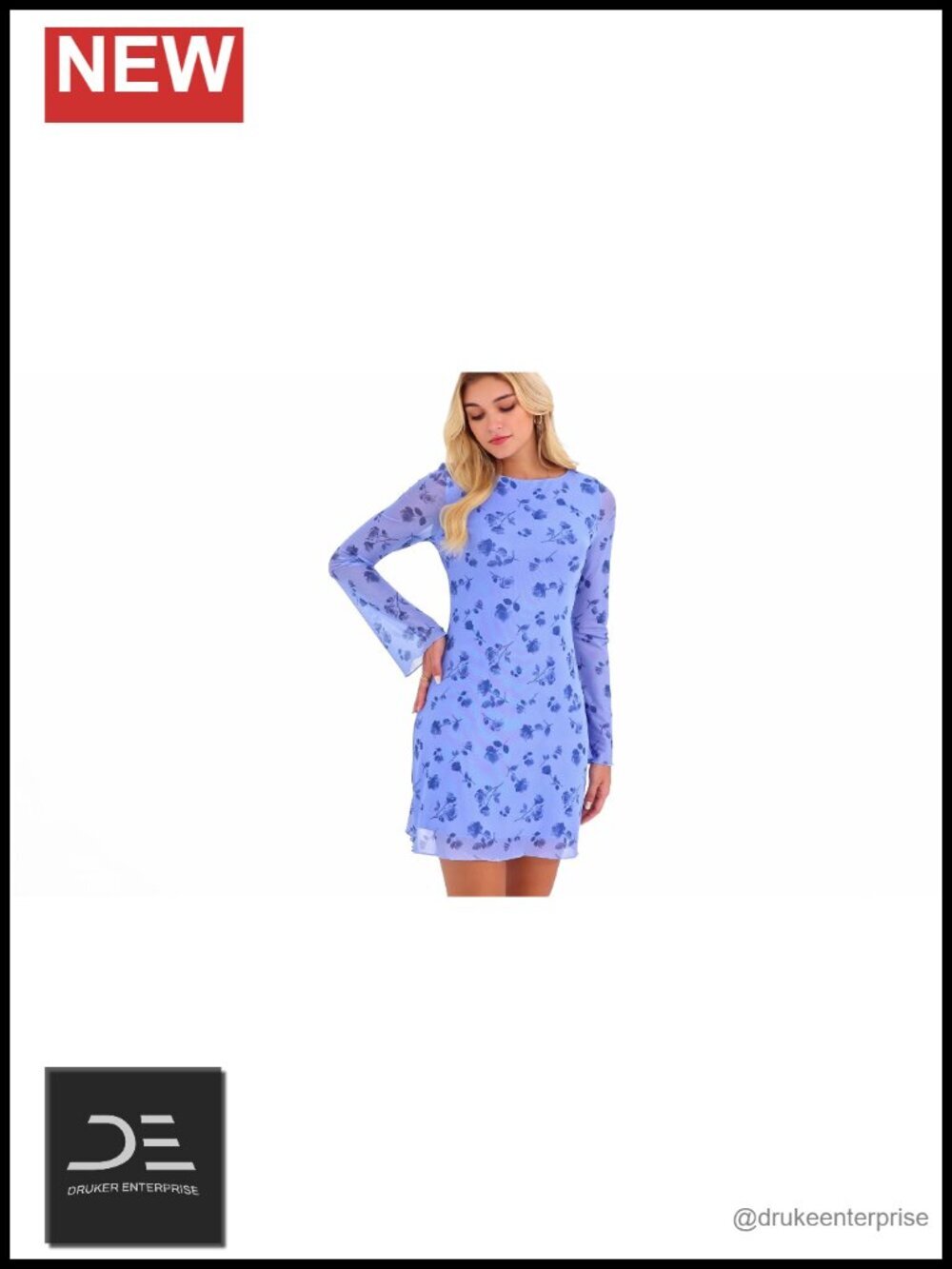 Women's Floral Long Sleeve Bodycon Mini Dress Boat Neck Bell Sleeve Mesh Club - Picture 6 of 6